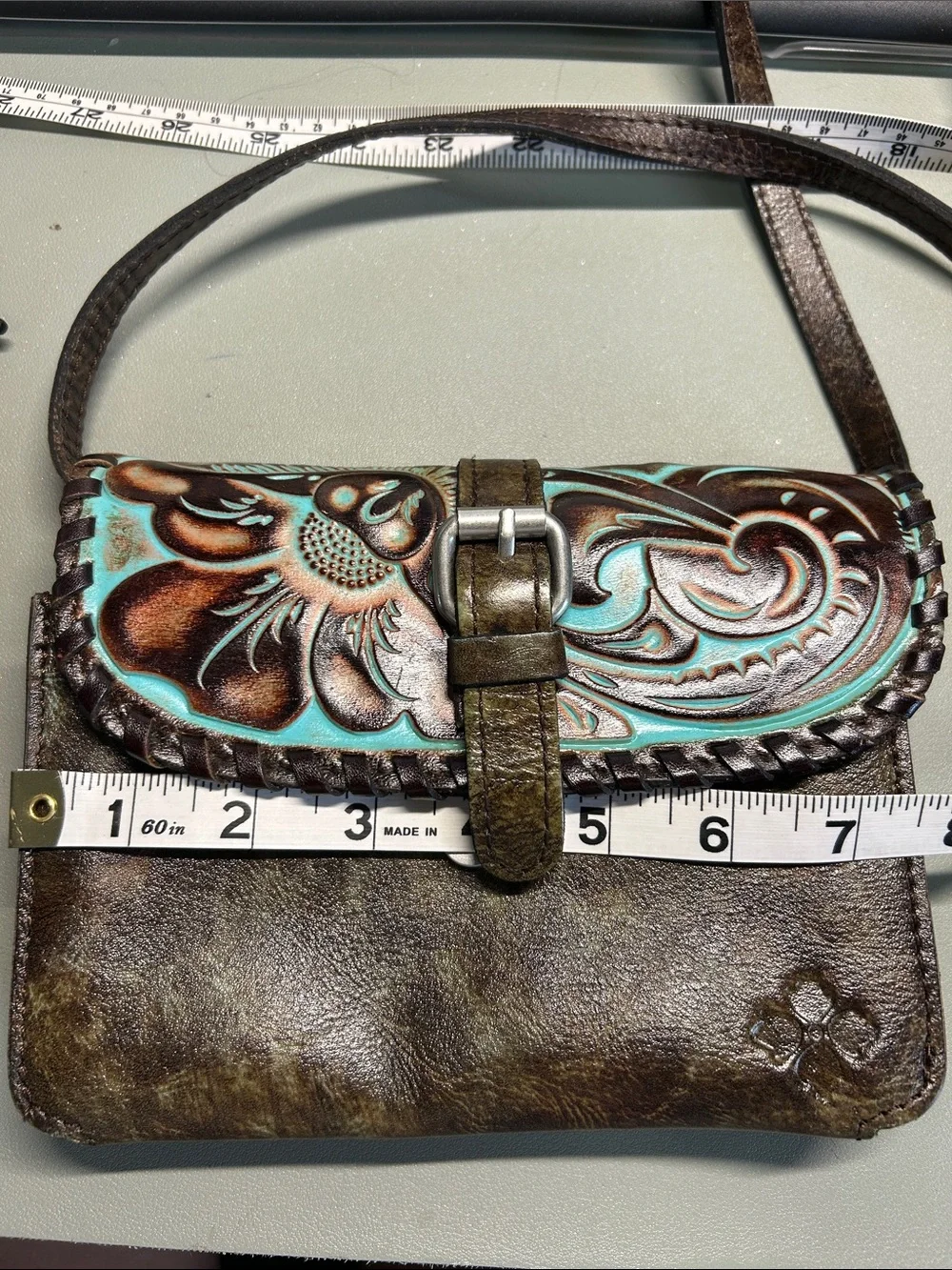 Patricia Nash Hand-Tooled Floral Leather Crossbody Bag in Turquoise and Brown